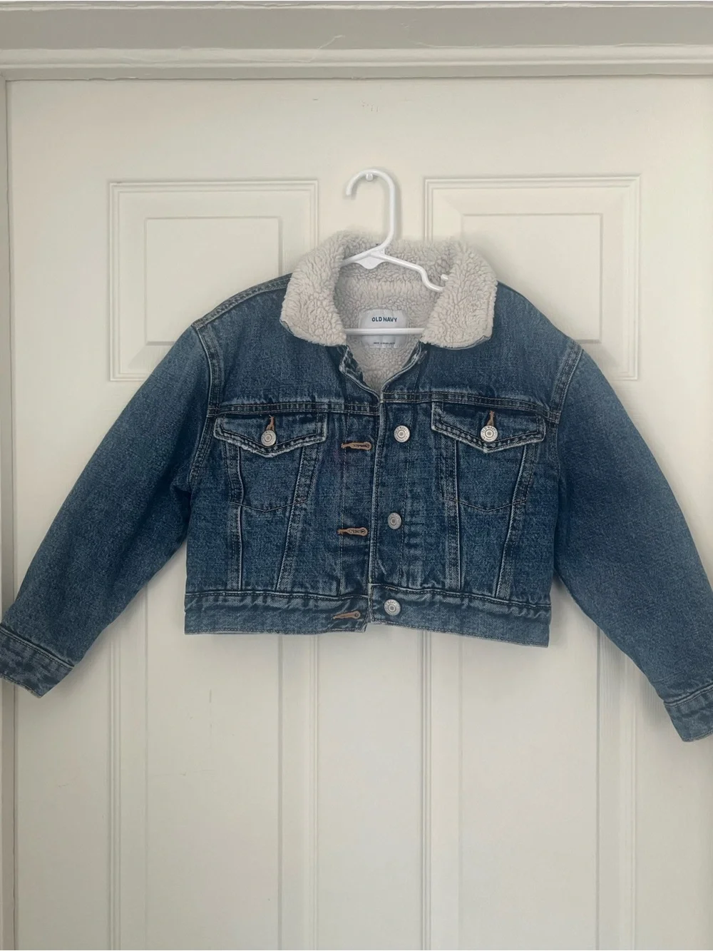 Old Navy girls' blue denim cropped jacket with a sherpa collar and lining
